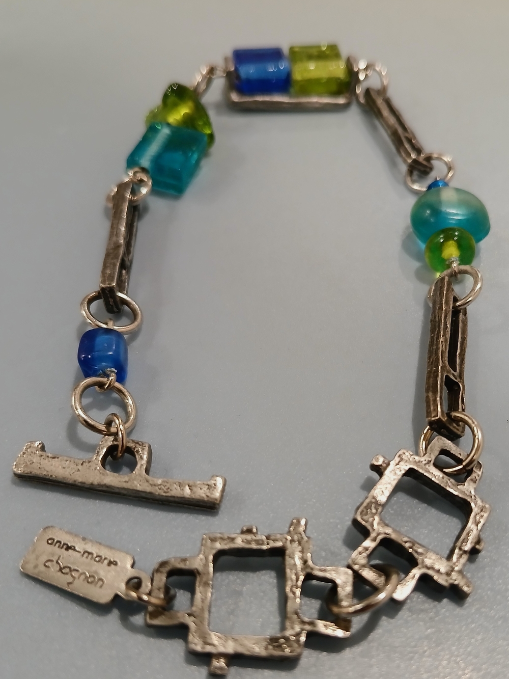 Anne Marie Chagnon Silver Tone Bracelet  Blue and Green Glass Beads